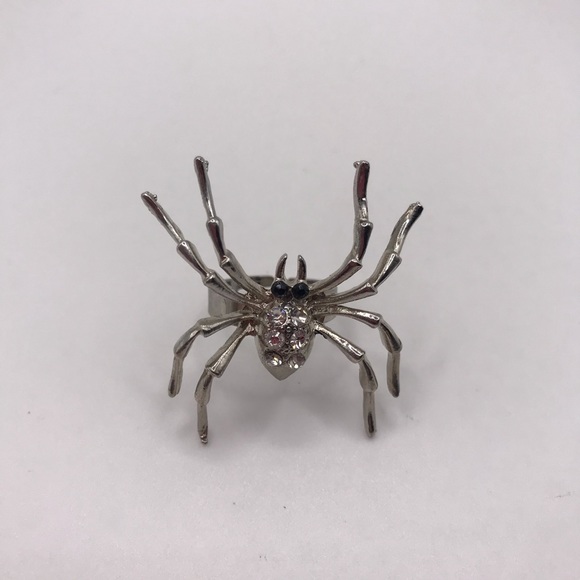 Spider Ring Adjustable Silver Tone Rhinestone Halloween Goth Jewelry - Picture 7 of 10